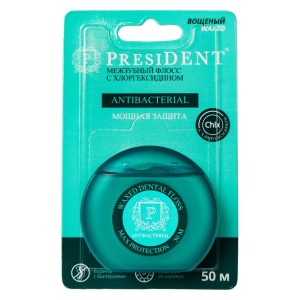 PresiDENT Antibacterial межзубный флосс с хлоргексидином, 50 м