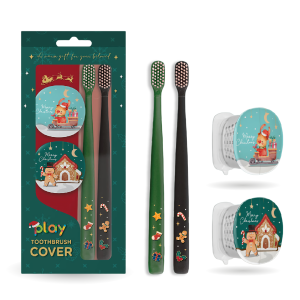 Набор 2 щетки twigo и 2 футляра play Flipper серия «Xmas» Олень + Пряничный человечек (зелёная/чёрная)