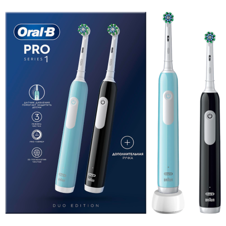 Набор из двух электрических зубных щеток Oral-B Pro 1 Duo ЧЕРНАЯ/ГОЛУБАЯ (D305.523.3H)
