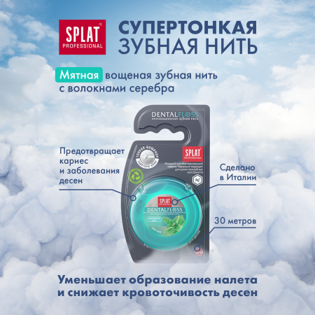 Нить узкая вощеная SPLAT Dental Floss мятная с волокнами серебра, 30 м