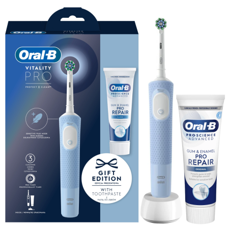 Набор GIFT EDITION электрическая зубная щетка Oral-B Vitality Pro Protect X Clean Blue (D.103.413.3) + зубная паста