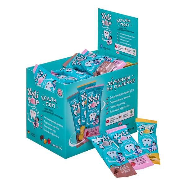 НАБОР Леденцов Miradent XyliPOP ассорти вкусов: клубника, шоколад, манго 50 шт