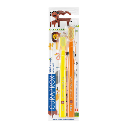Набор зубных щеток CURAPROX CS 5460 + CS smart  Duo Animal Family Edition, Оранжевый/Желтый
