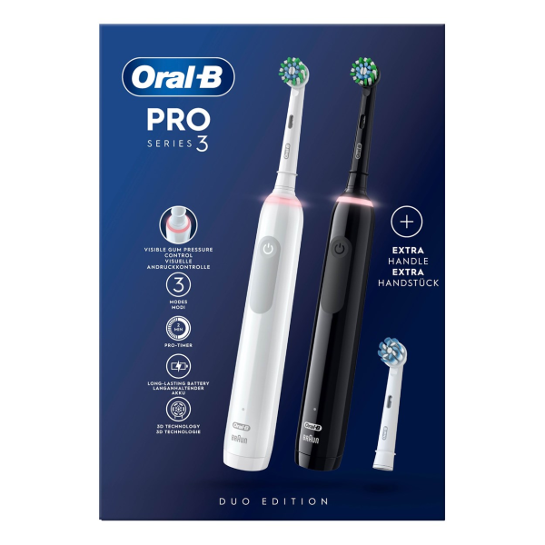 Набор из двух электрических зубных щеток Oral-B Pro 3 3900 Duo (белая/черная, D505.533.3H), 3 насадки