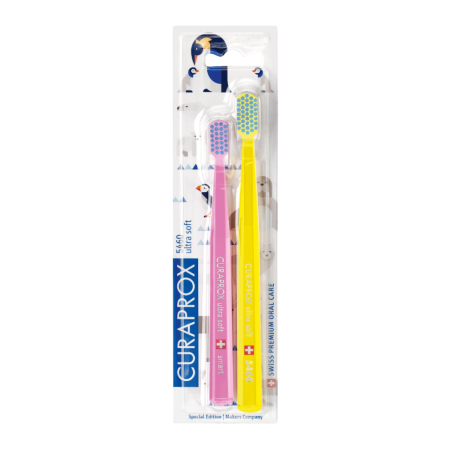 Набор зубных щеток CURAPROX CS 5460 + CS smart  Duo Animal Family Edition Желтый/Розовый